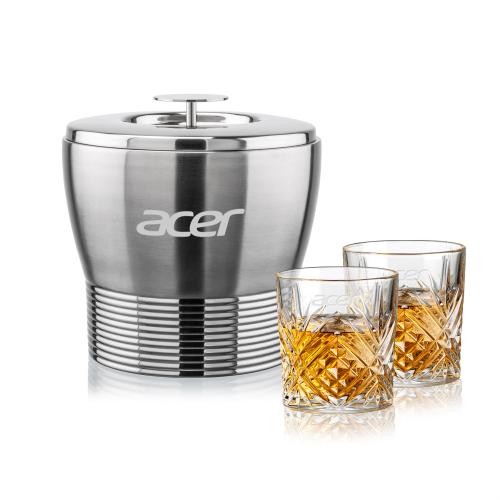 Corporate Recognition Gifts - Etched Barware - Genoa Ice Bucket & Milford On-the-Rocks Set