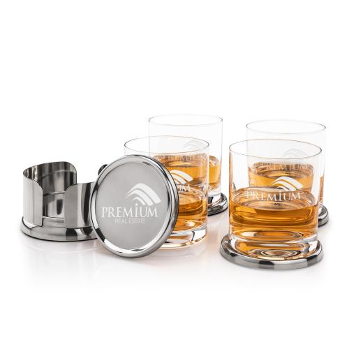 Corporate Recognition Gifts - Etched Barware - Baldoni Coasters & Franca On-the-Rocks Set