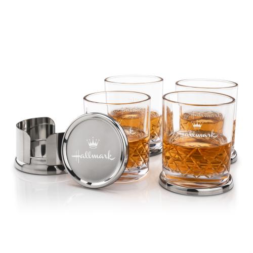 Corporate Recognition Gifts - Etched Barware - Baldoni Coasters & Heceta On-the-Rocks Set