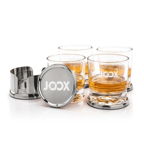 Corporate Recognition Gifts - Etched Barware - Baldoni Coasters & Heathfield On-the-Rocks Set