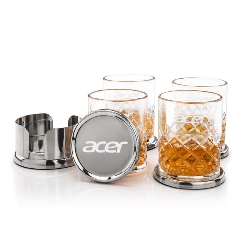 Corporate Recognition Gifts - Etched Barware - Baldoni Coasters & Longford On-the-Rocks Set