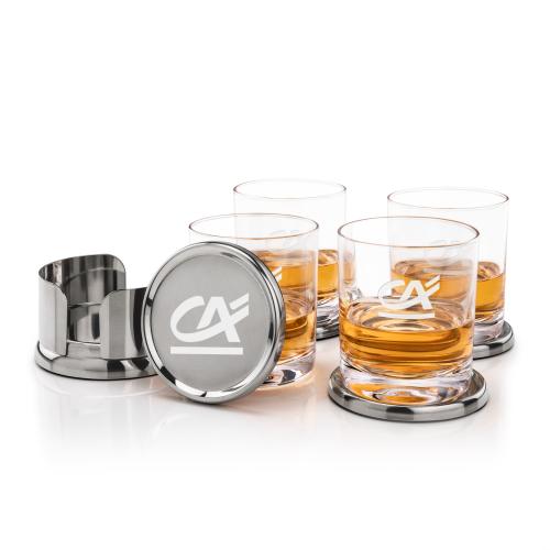 Corporate Recognition Gifts - Etched Barware - Baldoni Coasters & Waldorf On-the-Rocks Set