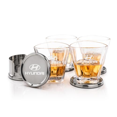 Corporate Recognition Gifts - Etched Barware - Baldoni Coasters & Arrellano On-the-Rocks Set