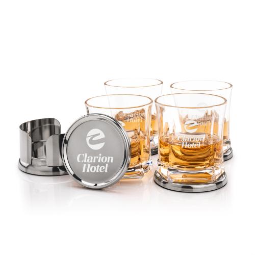 Corporate Recognition Gifts - Etched Barware - Baldoni Coasters & Avalon On-the-Rocks Set
