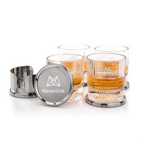 Corporate Recognition Gifts - Etched Barware - Baldoni Coasters & Blackwell On-the-Rocks Set