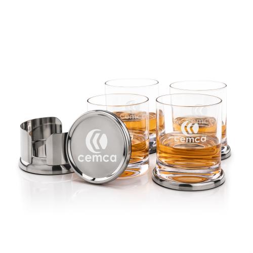 Corporate Recognition Gifts - Etched Barware - Baldoni Coasters & Dresden On-the-Rocks Set