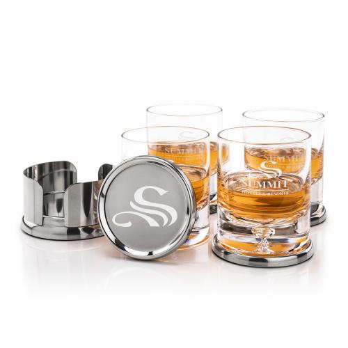 Corporate Recognition Gifts - Etched Barware - Baldoni Coasters & Montana On-the-Rocks Set