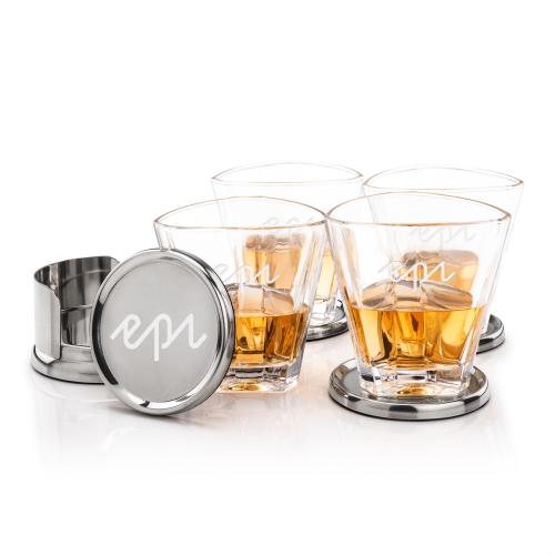 Corporate Recognition Gifts - Etched Barware - Baldoni Coasters & Millwood On-the-Rocks Set