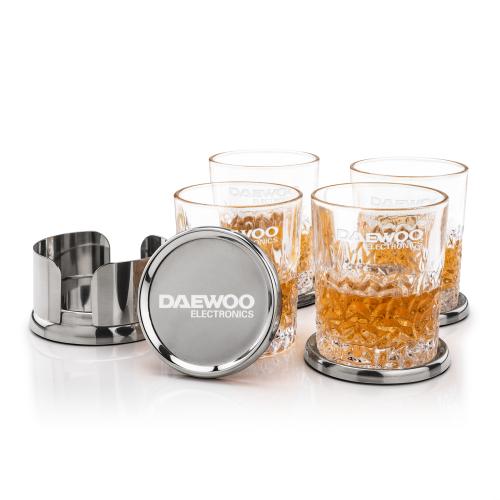 Corporate Recognition Gifts - Etched Barware - Baldoni Coasters & Oakham On-the-Rocks Set