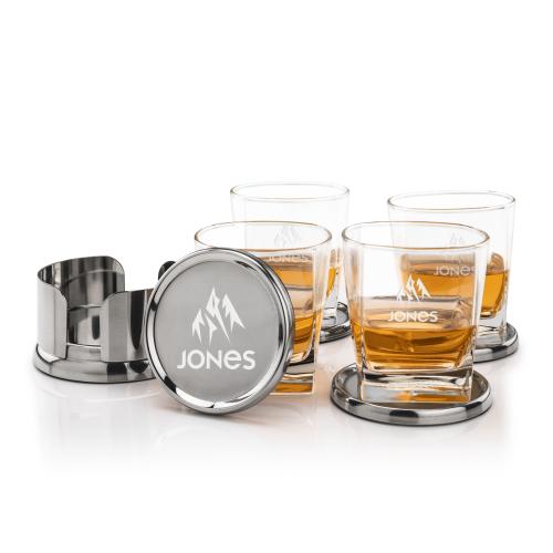 Corporate Recognition Gifts - Etched Barware - Baldoni Coasters & Sterling On-the-Rocks Set