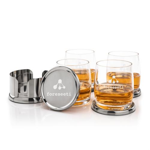 Corporate Recognition Gifts - Etched Barware - Baldoni Coasters & Valemount On-the-Rocks Set