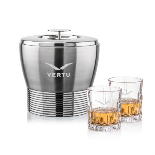 Corporate Recognition Gifts - Etched Barware - Genoa Ice Bucket & Newport On-the-Rocks Set