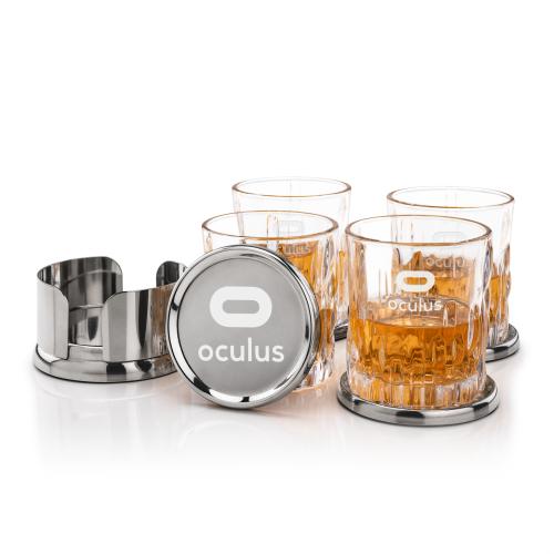 Corporate Recognition Gifts - Etched Barware - Baldoni Coasters & Newport On-the-Rocks Set
