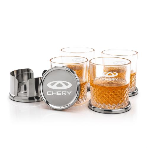 Corporate Recognition Gifts - Etched Barware - Baldoni Coasters & Tacoma On-the-Rocks Set