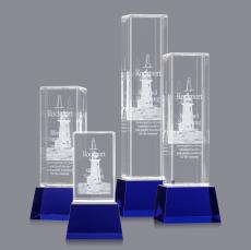 Robson 3D Blue on Base Obelisk Crystal Award - 3D Laser Engraved