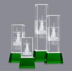 Robson 3D Green on Base Obelisk Crystal Award - 3D Laser Engraved