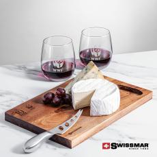 Swissmar Acacia Board & 2 Crestview Stemless Wine - Etched Barware