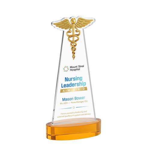 Corporate Awards - Crystal Awards - Caduceus Full Color Amber on Alberton Base Abstract / Misc Crystal Award