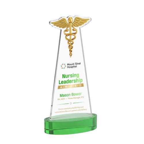 Corporate Awards - Crystal Awards - Caduceus Full Color Green on Alberton Base Abstract / Misc Crystal Award