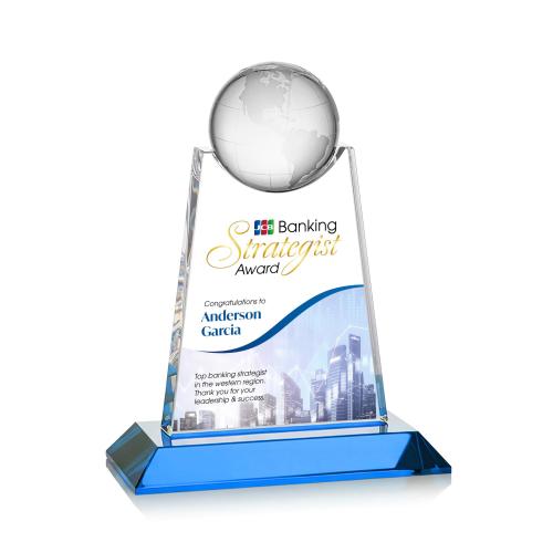 Corporate Awards - Crystal Awards - Netherford Globe Full Color Sky Blue Spheres Crystal Award