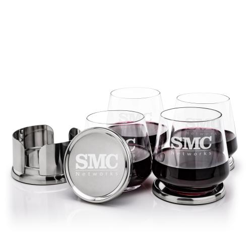 Corporate Recognition Gifts - Etched Barware - Baldoni Coasters & Tucson Stemless Wine Set