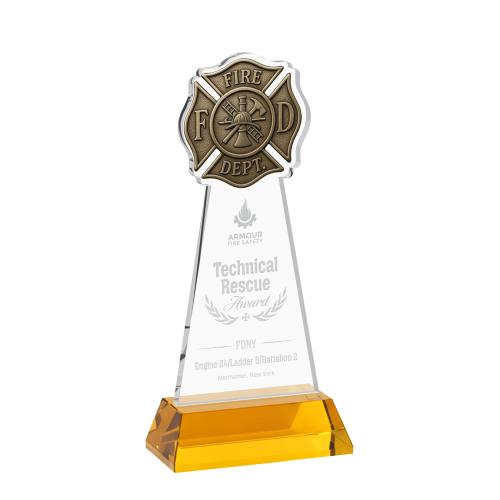 Corporate Awards - Crystal Awards - Fire Dept Amber on Hartford Base Abstract / Misc Crystal Award