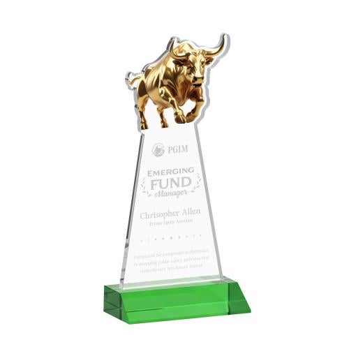 Corporate Awards - Crystal Awards - Raging Bull Green Animals Crystal Award