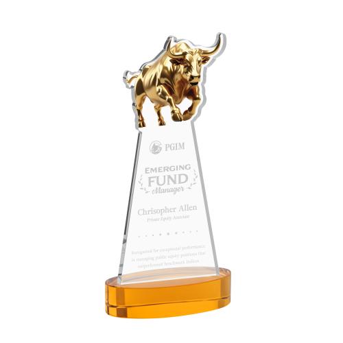 Corporate Awards - Crystal Awards - Raging Bull Amber on Alberton Base Animals Crystal Award