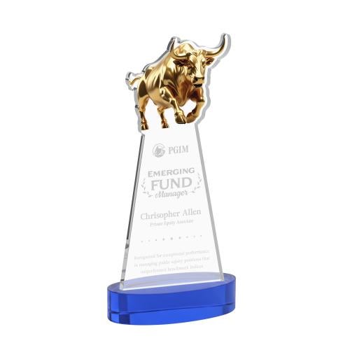 Corporate Awards - Crystal Awards - Raging Bull Blue on Alberton Base Animals Crystal Award