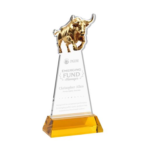 Corporate Awards - Crystal Awards - Raging Bull Amber on Hartford Base Animals Crystal Award