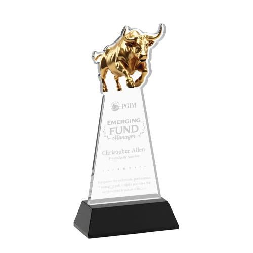 Corporate Awards - Crystal Awards - Raging Bull Black on Hartford Base Animals Crystal Award