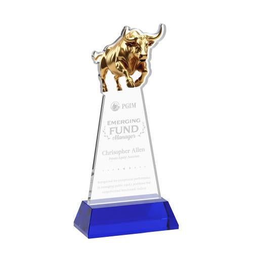 Corporate Awards - Crystal Awards - Raging Bull Blue on Hartford Base Animals Crystal Award