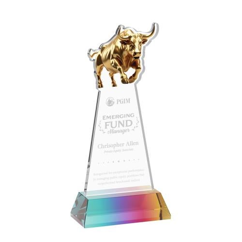 Corporate Awards - Crystal Awards - Raging Bull Prismatic on Hartford Base Animals Crystal Award
