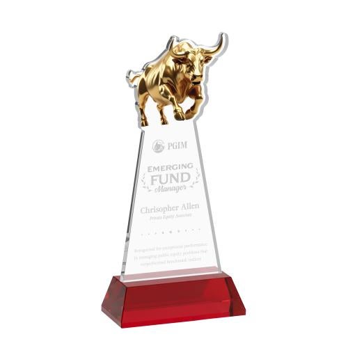 Corporate Awards - Crystal Awards - Raging Bull Red on Hartford Base Animals Crystal Award