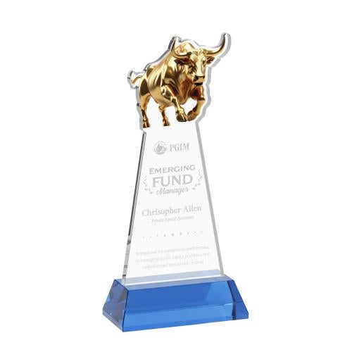 Corporate Awards - Crystal Awards - Raging Bull Sky Blue on Hartford Base Animals Crystal Award