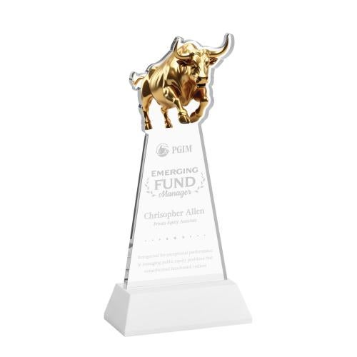 Corporate Awards - Crystal Awards - Raging Bull White on Hartford Base Animals Crystal Award
