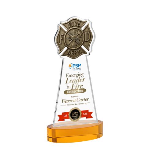 Corporate Awards - Crystal Awards - Fire Dept Full Color Amber on Alberton Base Abstract / Misc Crystal Award