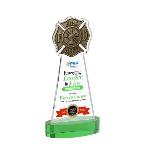 Corporate Awards - Crystal Awards - Fire Dept Full Color Green on Alberton Base Abstract / Misc Crystal Award