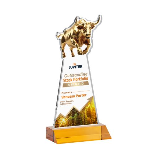 Corporate Awards - Crystal Awards - Raging Bull Full Color Amber Animals Crystal Award