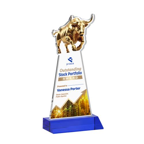 Corporate Awards - Crystal Awards - Raging Bull Full Color Blue Animals Crystal Award