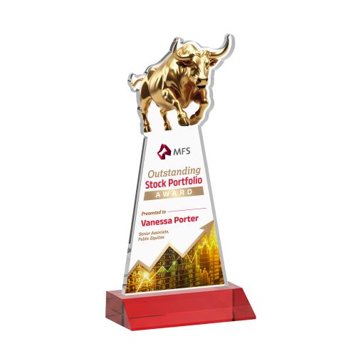 Corporate Awards - Crystal Awards - Raging Bull Full Color Red Animals Crystal Award