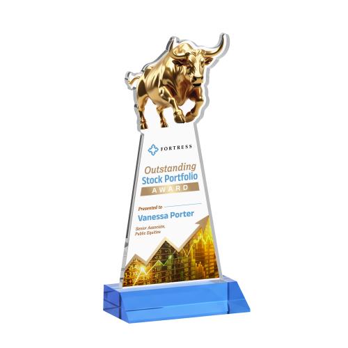Corporate Awards - Crystal Awards - Raging Bull Full Color Sky Blue Animals Crystal Award