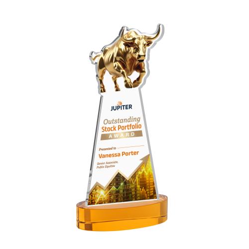 Corporate Awards - Crystal Awards - Raging Bull Full Color Amber on Alberton Base Animals Crystal Award