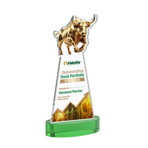 Corporate Awards - Crystal Awards - Raging Bull Full Color Green on Alberton Base Animals Crystal Award