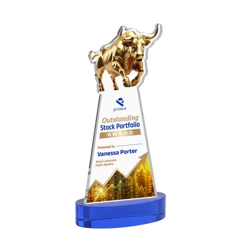 Corporate Awards - Crystal Awards - Raging Bull Full Color Blue on Alberton Base Animals Crystal Award