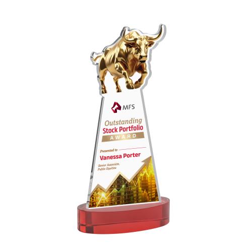 Corporate Awards - Crystal Awards - Raging Bull Full Color Red on Alberton Base Animals Crystal Award