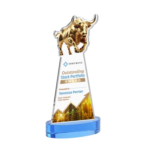 Corporate Awards - Crystal Awards - Raging Bull Full Color Sky Blue on Alberton Base Animals Crystal Award