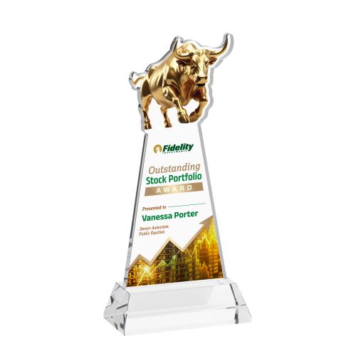 Corporate Awards - Crystal Awards - Raging Bull Full Color Clear on Hartford Base Animals Crystal Award