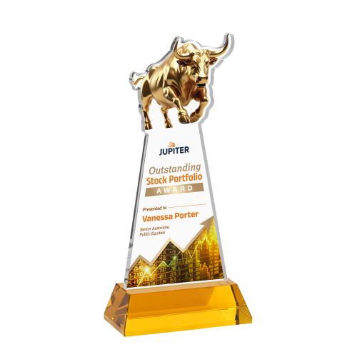 Corporate Awards - Crystal Awards - Raging Bull Full Color Amber on Hartford Base Animals Crystal Award