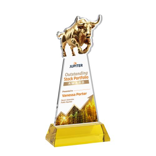 Corporate Awards - Crystal Awards - Raging Bull Full Color Gold on Hartford Base Animals Crystal Award